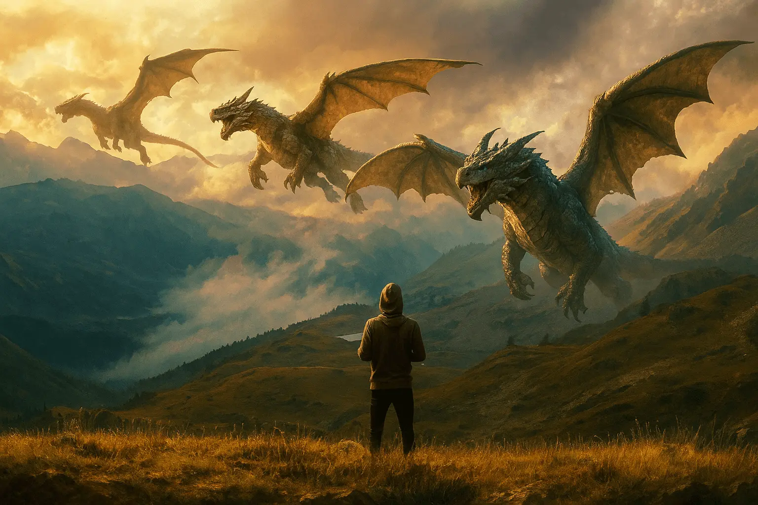 After: Turn this into a fantasy landscape with dragons