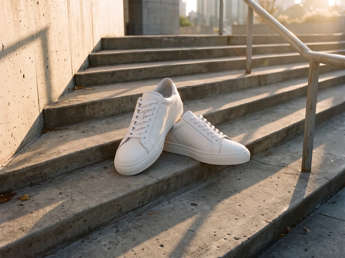 Sneakers placed on sunlit concrete steps