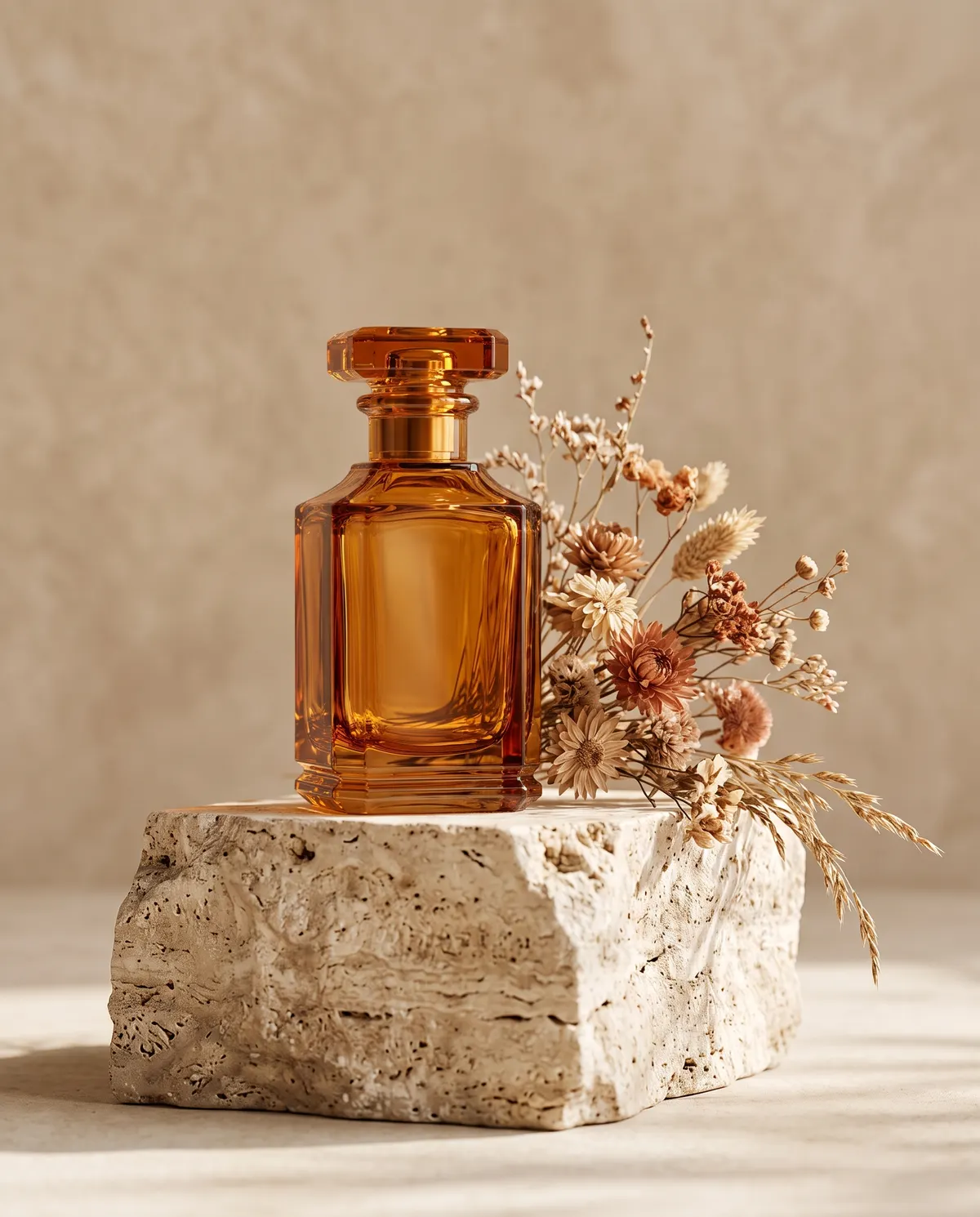 Amber perfume bottle on a stone pedestal with dried flowers
