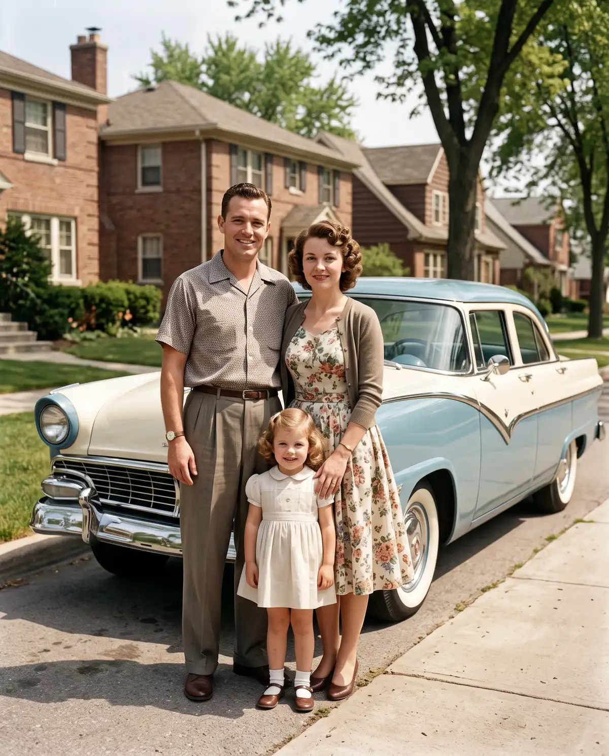 Restored and colorized 1950s family photo in front of a classic car