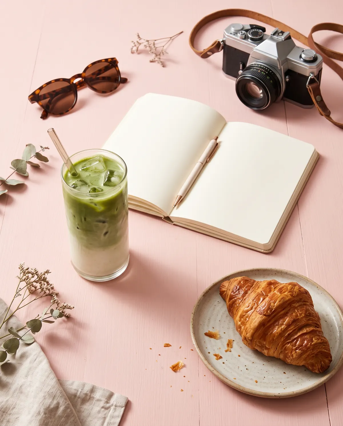 Pastel flat lay with matcha latte, notebook and film camera